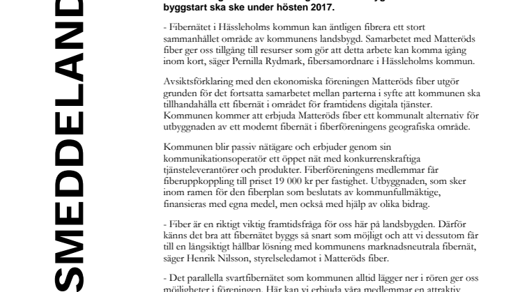 Avsiktsförklaring tecknad för fiberutbyggnad i Matteröd