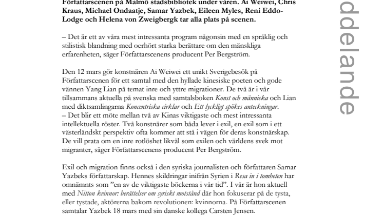 Ai Weiwei, Samar Yazbek och Chris Kraus till Författarscenen i Malmö i vår