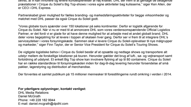 DHL bliver logistikpartner for Cirque du Soleil
