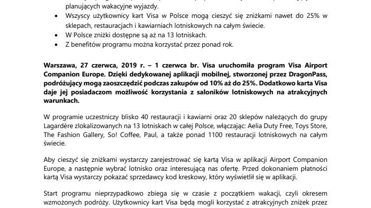 Airport Companion Europe – program gwarantujący liczne korzyści na lotniskach dla wszystkich podróżujących z kartą Visa