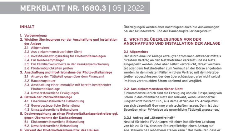 Merkblatt Photovoltaikanlagen im privaten Haushalt