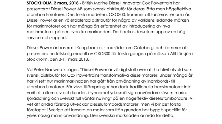 Cox Powertrain - Allt för sjön, Stockholm: Diesel Power AB Presenteras som Sveriges Distributör för Powertrains Reverlutionerande Dieselutombordsmotorer