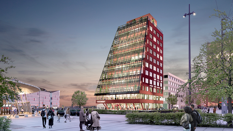 Fyrtornet är det första av sju fastigheter i området Embassy of Sharing som Midroc Properties utvecklar i Hyllie, Malmö. 3D bild: Wingårdhs