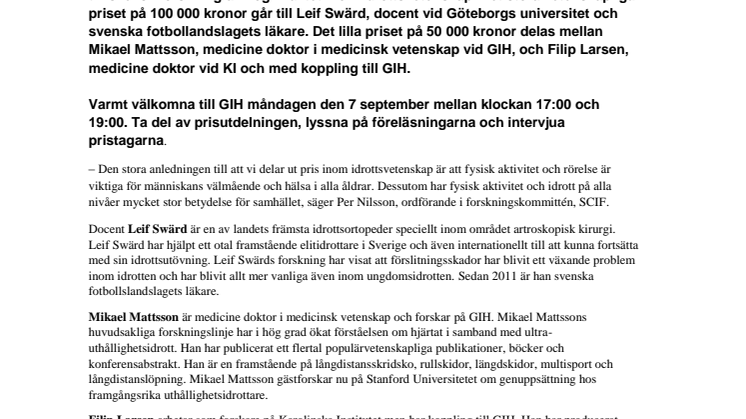Inbjudan till prisutdelning den 7 september på GIH: Leif Swärd får SCIF:s stora vetenskapliga pris