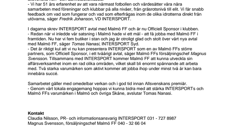 INTERSPORT är ny stolt Officiell Sponsor till Malmö FF