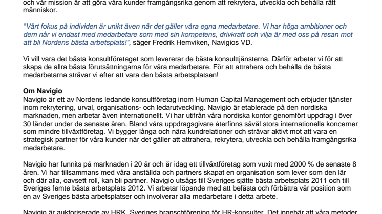 Navigio avancerar på listan över Sveriges bästa arbetsplatser