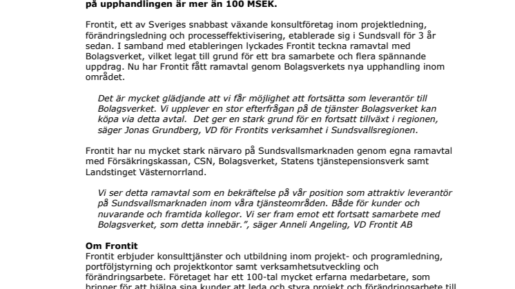 Frontit tecknar ramavtal med Bolagsverket