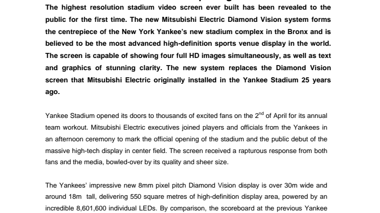 Mitsubishi Electric Diamond Vision shines at Yankee Stadium opening