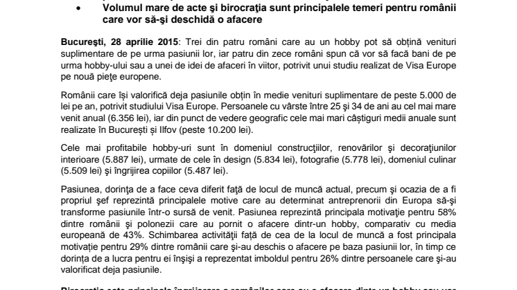 Studiu Visa Europe: Trei din patru români care au un hobby pot câștiga bani de pe urma pasiunii lor 