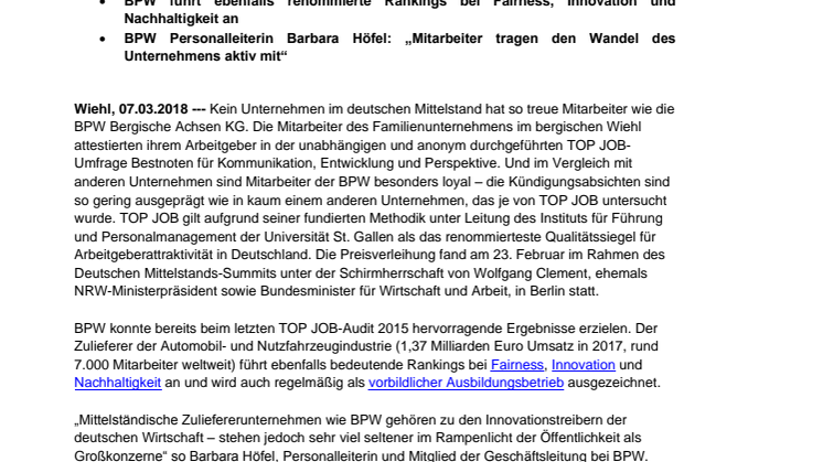 BPW hat die loyalsten Mitarbeiter Deutschlands