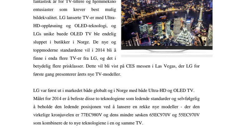 OLED OG ULTRA-HD DOMINERER NÅR LG PRESENTERER ÅRETS NYE TV-MODELLER