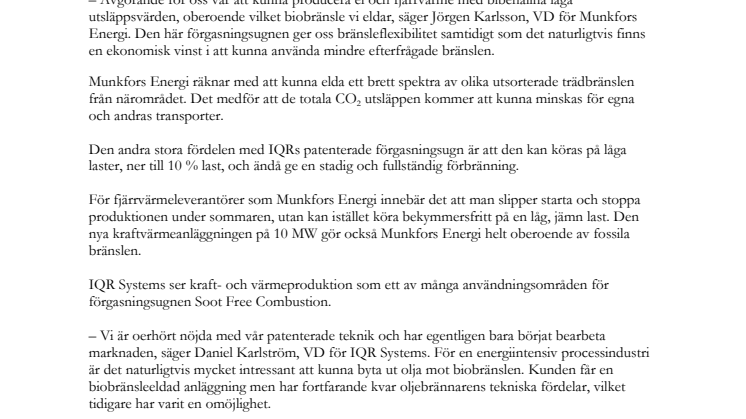 IQR bygger unik anläggning för förgasning av biobränslen
