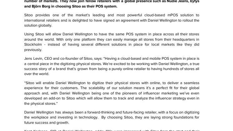 Daniel Wellington chooses Sitoo as its global mPOS solution