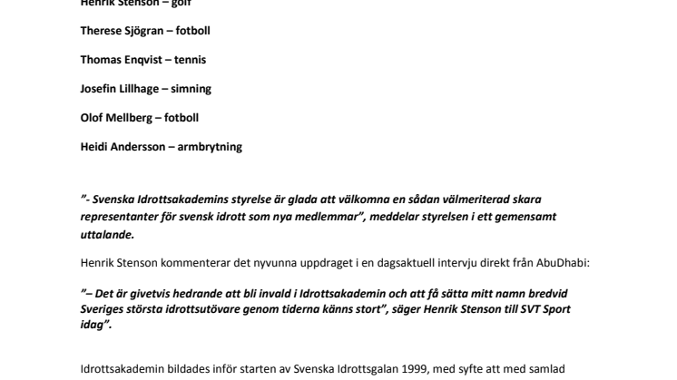 Nya namn till Idrottsakademin inför Svenska Idrottsgalan