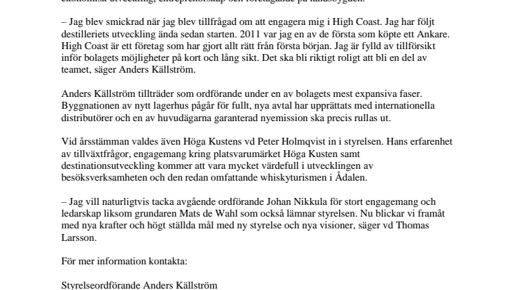 High Coast Whisky siktar framåt med ny ordförande och nya krafter i styrelsen