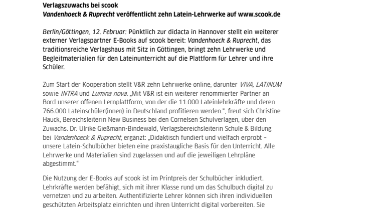 Verlagszuwachs bei scook: Vandenhoeck & Ruprecht veröffentlicht zehn Latein-Lehrwerke auf www.scook.de 