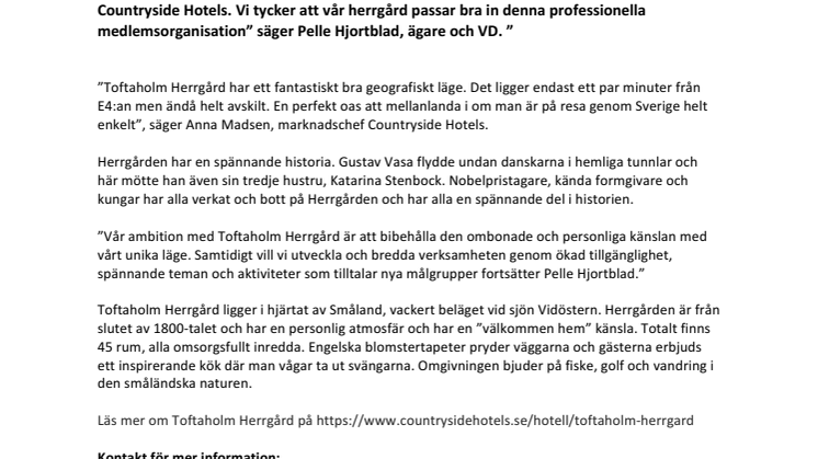 Countryside Hotels stärker sin position i Småland med historiska Toftaholm Herrgård