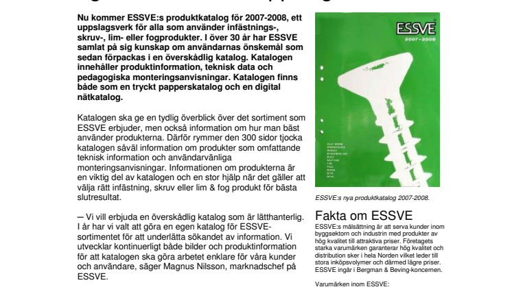 Ny produktkatalog från ESSVE: Ankarmassa, byggbeslag och öglekrok i samma uppslagsverk