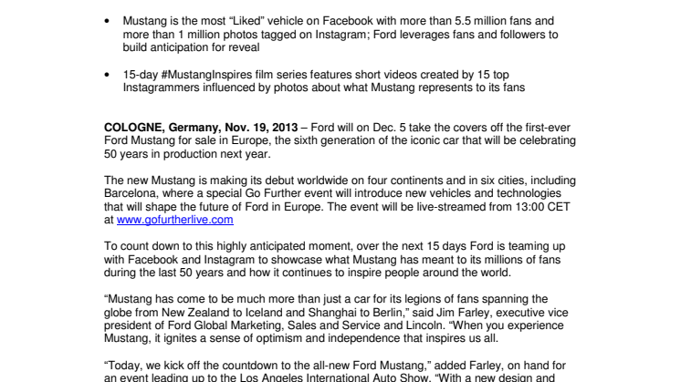 Ford to Reveal New Mustang for Europe Dec. 5; Teams with Facebook and Instagram for 15-Day Countdown