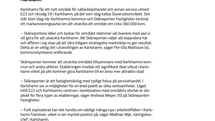 Skåneporten utvecklar handels- och serviceområde i Karlshamn