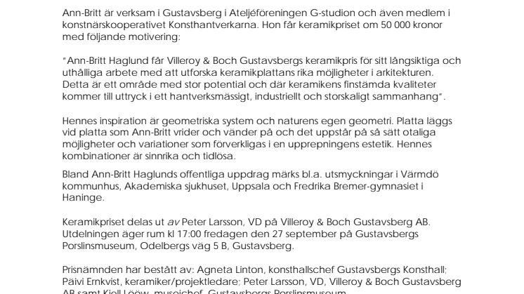 Villeroy & Boch Gustavsbergs keramikpris 2013 går till keramikern Ann-Britt Haglund