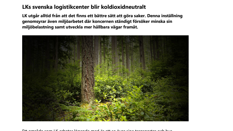 LKs svenska logistikcenter blir koldioxidneutralt