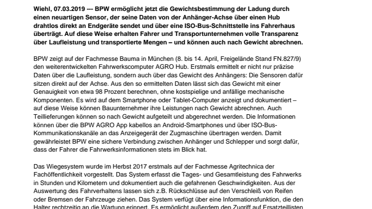 Gewogen und für gut befunden: BPW stellt auf der Bauma Fahrwerkscomputer mit integriertem Wiegesystem vor