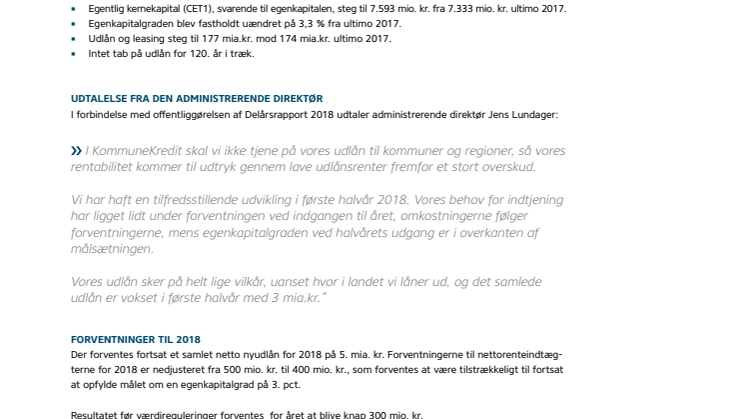 KommuneKredit offentliggør Delårsrapport 2018