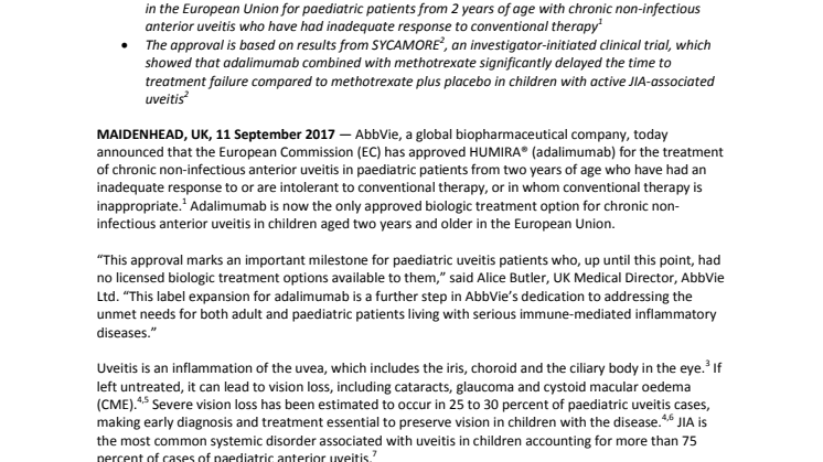 AbbVie’s HUMIRA® (adalimumab) Approved by European Commission to Treat Paediatric Patients with Chronic Non-infectious Anterior Uveitis