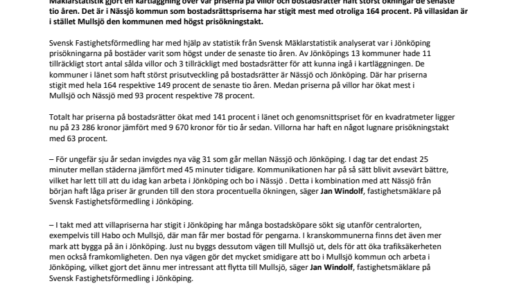 Ny statistik visar:  Så har priserna stigit i Jönköping de  senaste tio åren – kommun för kommun 