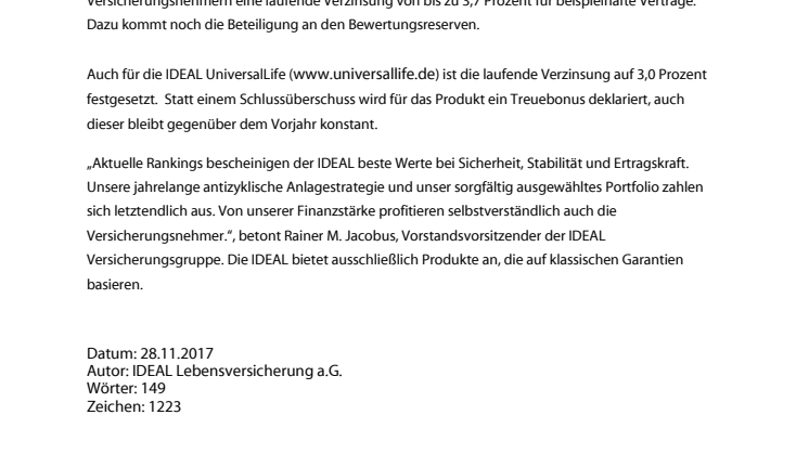 IDEAL hält Gesamtverzinsung in 2018 stabil auf Vorjahresniveau