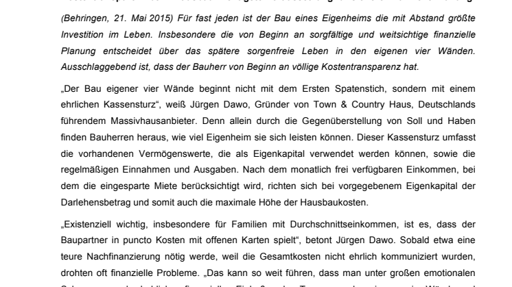 Town & Country-Verbrauchertipp: Kostentransparenz beim Hausbau wichtigste Voraussetzung für sichere finanzielle Planung