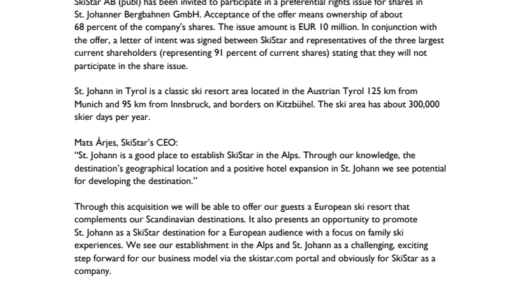 SkiStar is offered to acquire a ski resort in Austria and reports record high booking volume at Swedish and Norwegian destinations for the current season