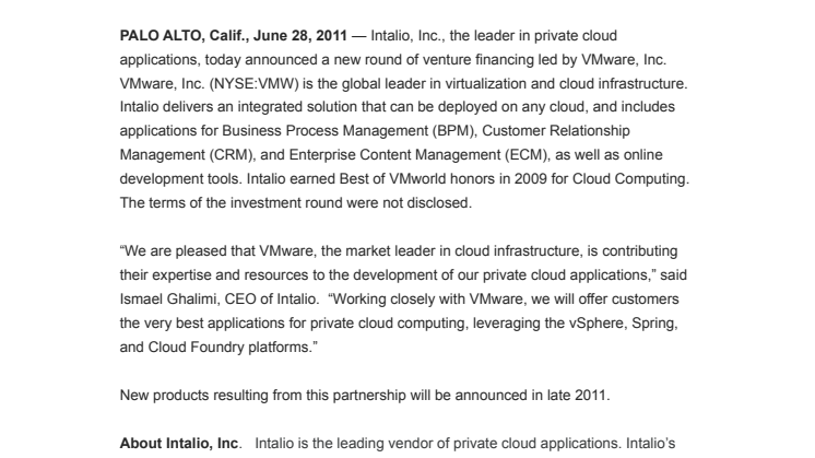 Intalio Completes Financing to Advance Its Private Cloud Business Applications
