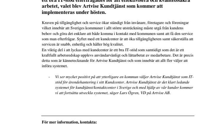 Partille kommun väljer Artvise Kundtjänst!