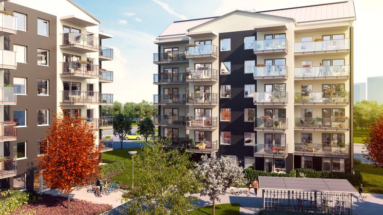 Två hus med totalt 69 hyreslägenheter byggs i Tegnerlunden, Västerås. Illustration: WEC360