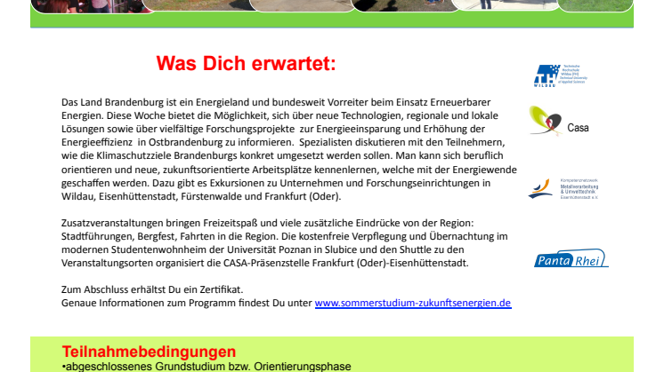 14. Sommerstudium „Zukunftsenergien in Ostbrandenburg“ vom 31. August bis 4. September 2015