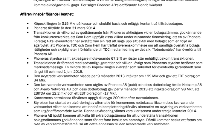 Phonera AB (publ) avyttrar telefoniverksamheten till Com Hem