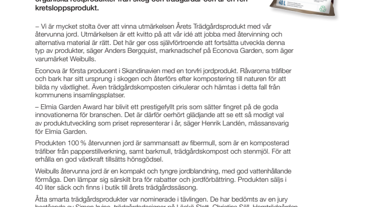 Weibulls 100 % återvunnen jord  är Årets trädgårdsprodukt