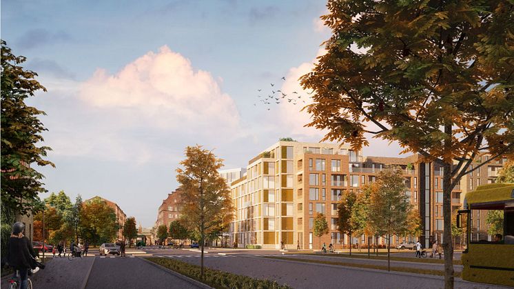 Illustration av innerstadens nya södra entré. Stora Södergatan med den nya bebyggelsen på höger sida.