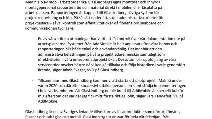 ​AddMobile levererar mobil arbetsorder till GlasLindberg