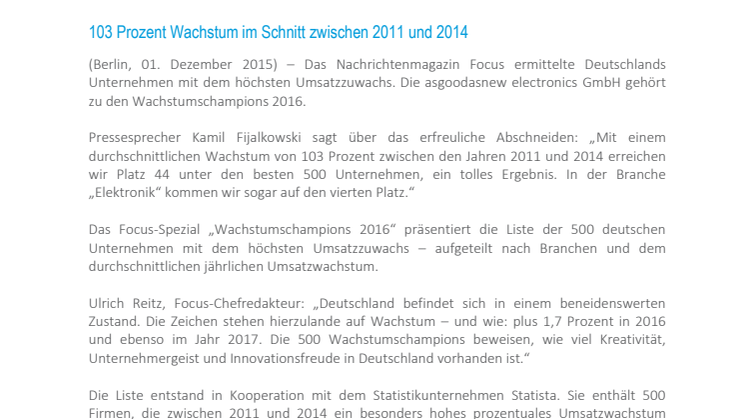 Focus-Spezial: asgoodasnew electronics GmbH zählt zu den Wachstumschampions 2016