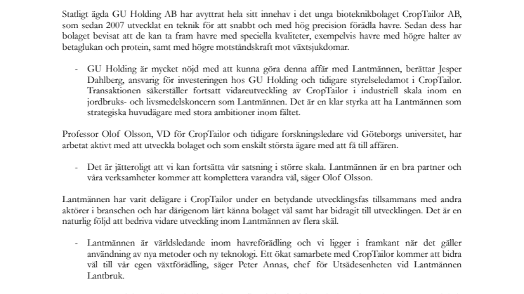 GU Holding avyttrar aktier i CropTailor till Lantmännen