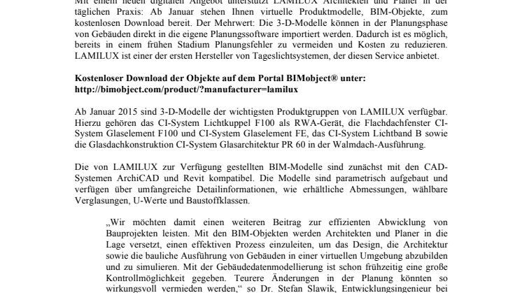 LAMILUX unterstützt Architekten und Planer mit BIM Objekten