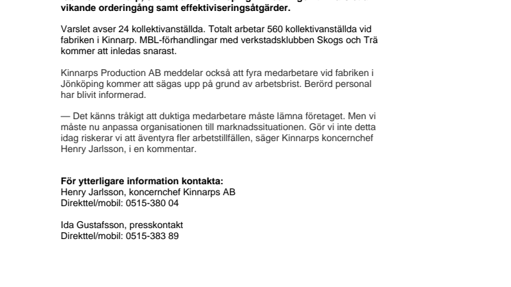 Kinnarps Production AB varslar personal i Kinnarp