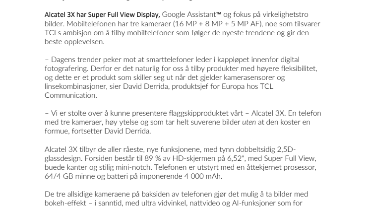 TCL Communication lanserer nye, kraftige  Alcatel 3X til superpris