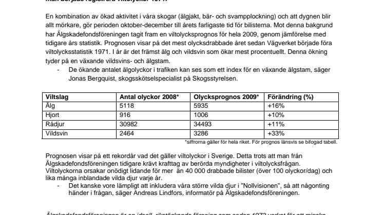 Viltolycksprognos 2009 – viltolyckorna slår rekord