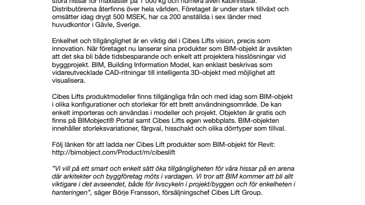 Cibes Lift lanserar sina plattformshissar som BIM-objekt