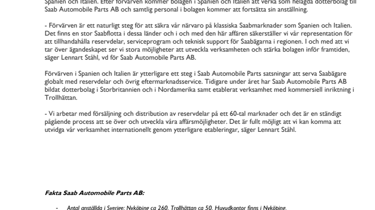 Parts AB förvärvar bolag i Europa