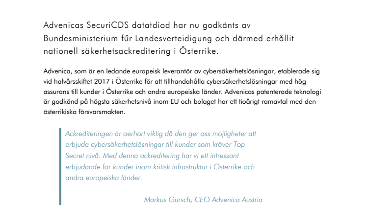 Advenicas datadioder erhåller nationell säkerhetsackreditering i Österrike